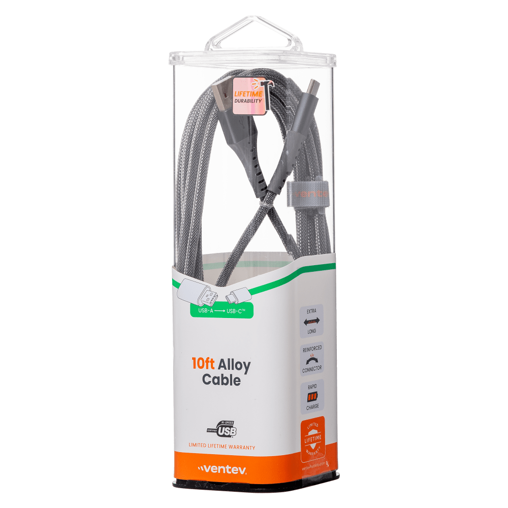 Ventev ChargeSync Alloy USB-A to USB-C cable 10ft silver packaging angled left