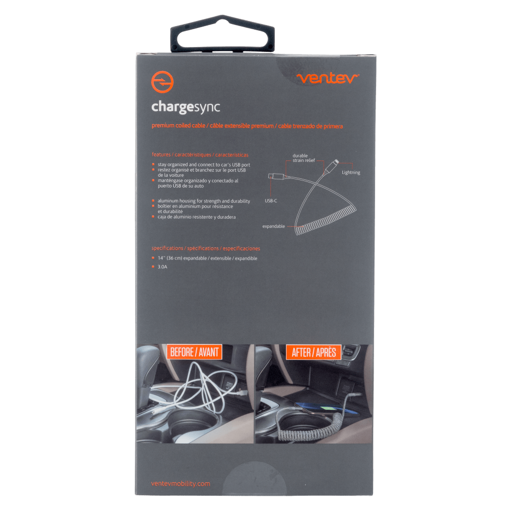 Ventev ChargeSync Helix coiled USB-C to Apple Lightning cable 3ft gray