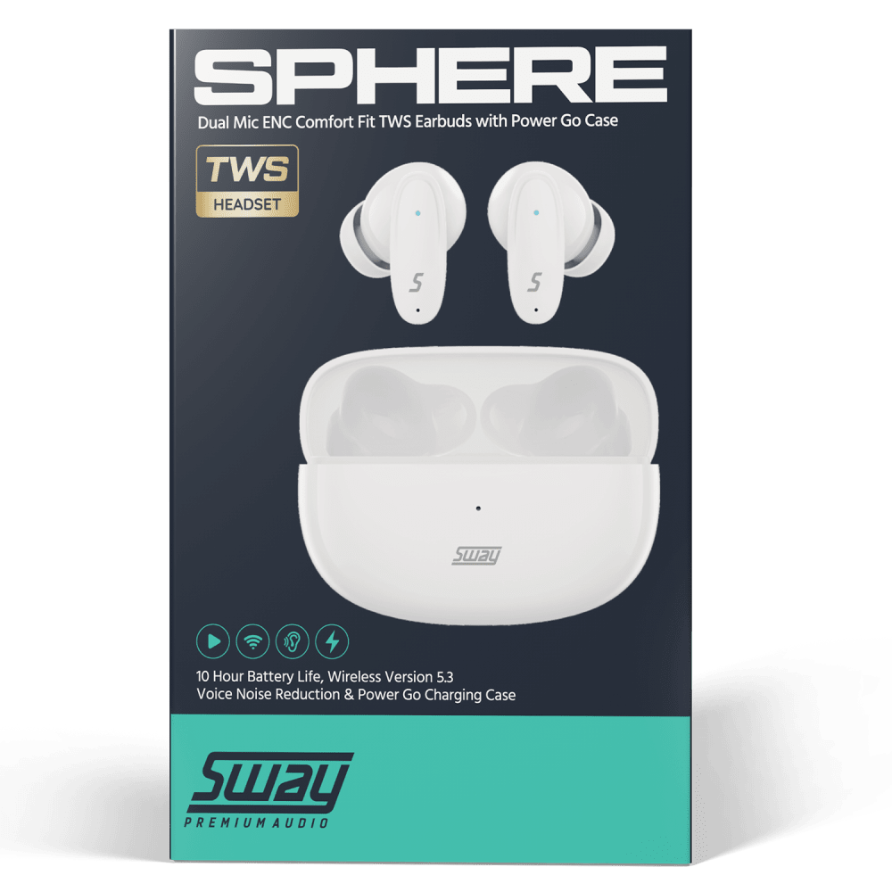 Sway Dual Microphone ENC Comfort Fit True Wireless Headphones with Power Go Charging Case White by Sway