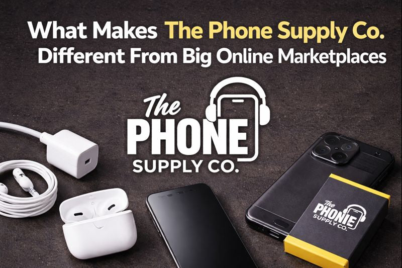 Curated phone accessories from trusted brands laid out on a clean workspace with The Phone Supply Co. Logo