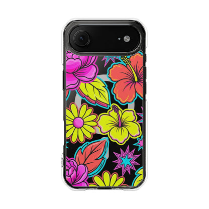 Clear Magnetic Phone Case Neon Hawaiian Floral – MagSafe magnet module shown on case rear