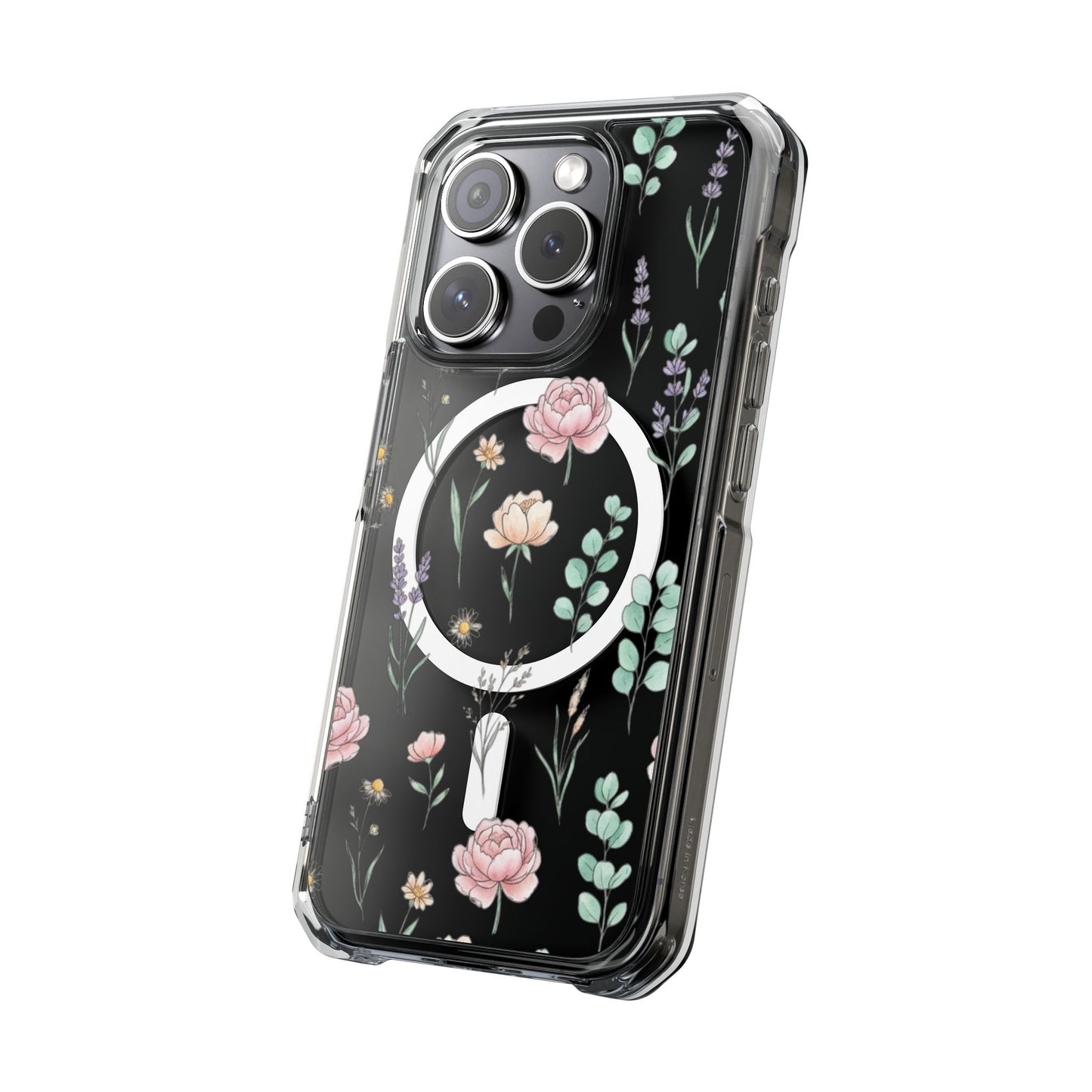Floral Clear Magnetic Phone Case Pink Rose – iPhone 15 Pro Max MagSafe compatible back view