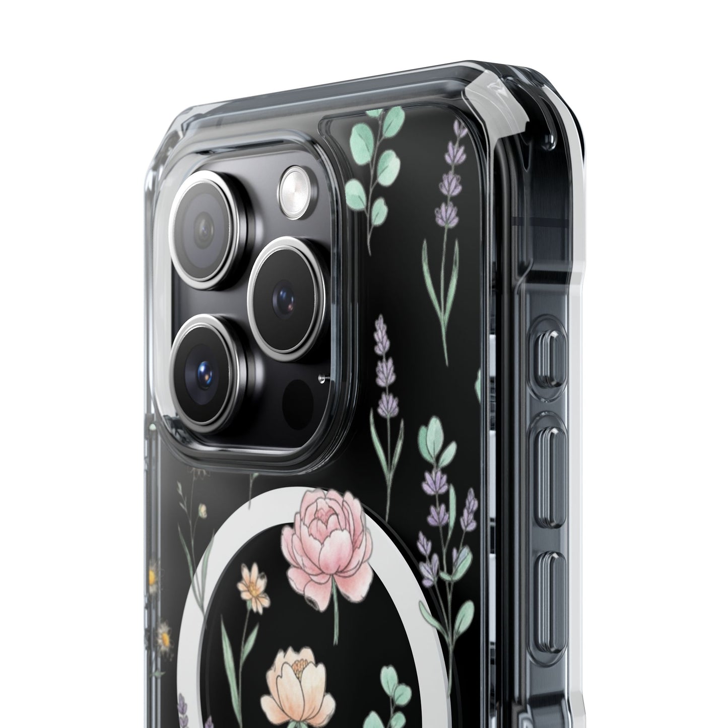 Floral Clear Magnetic Phone Case Pink Rose – iPhone 17 rear view clear case showing phone finish