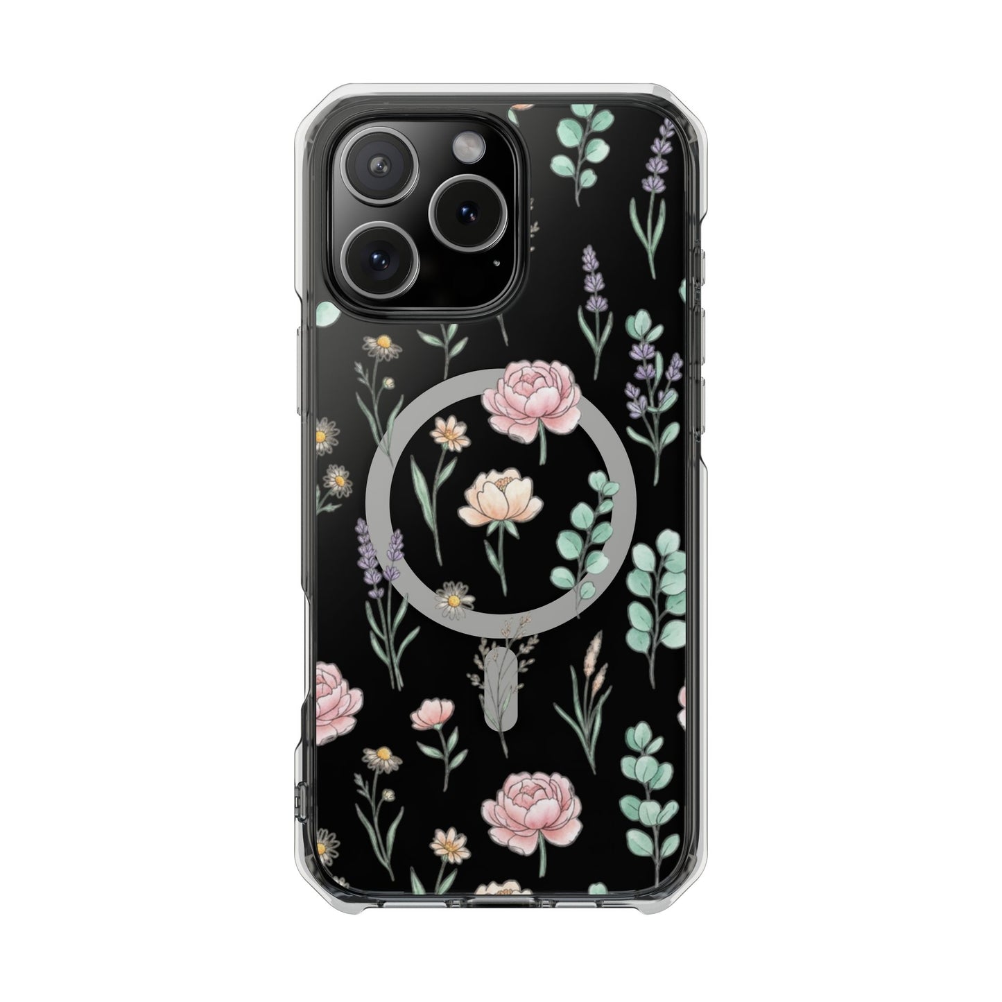 Floral Clear Magnetic Phone Case Pink Rose – pink rose print detail under UV-resistant clear back