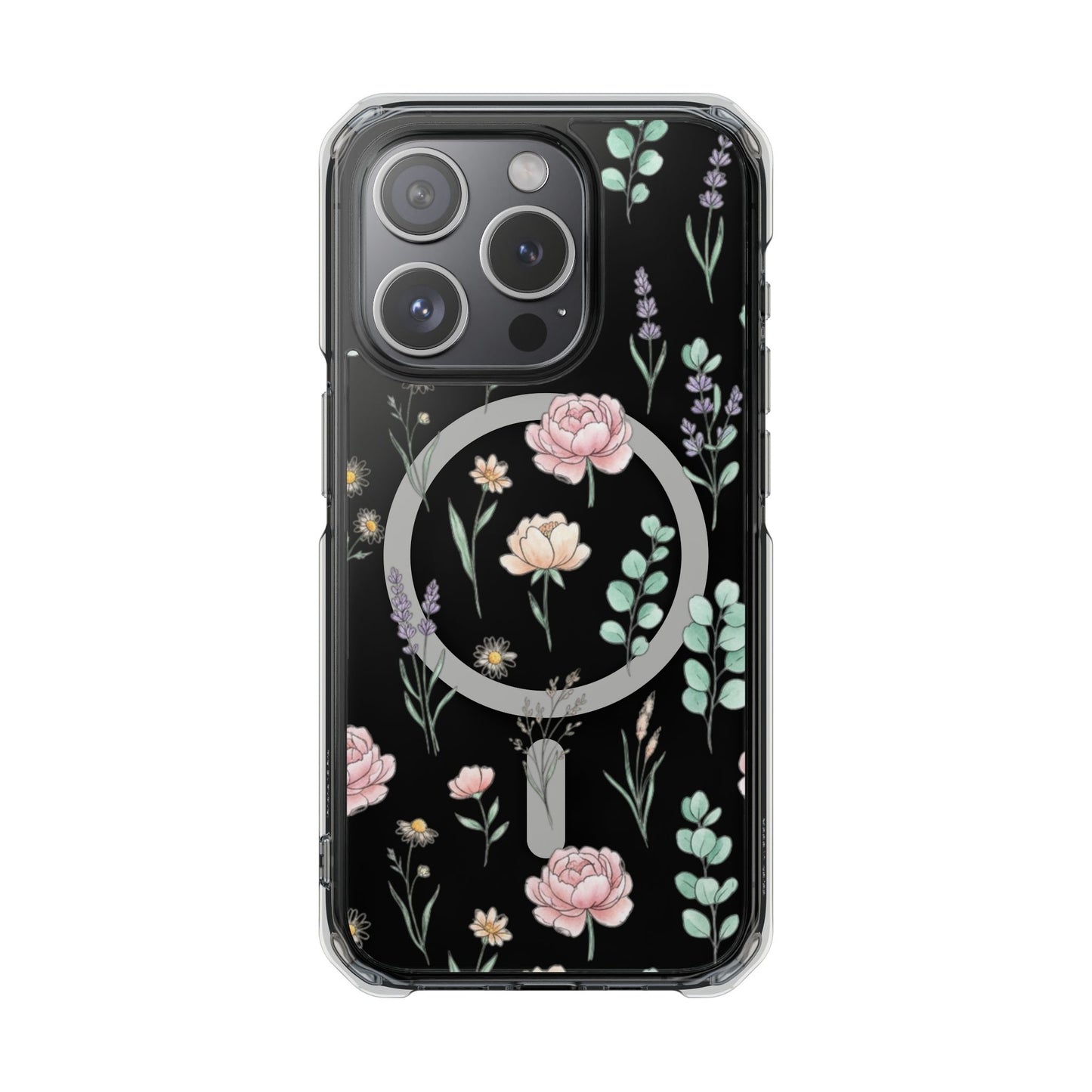 Floral Clear Magnetic Phone Case Pink Rose – iPhone 17 Pro back view showing pink floral print
