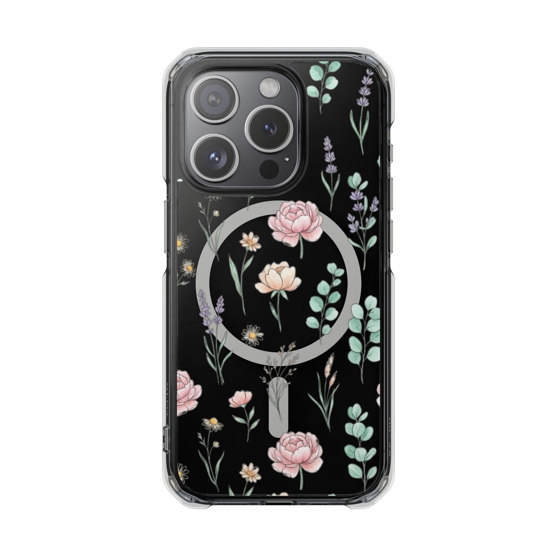 Floral Clear Magnetic Phone Case Pink Rose – iPhone 17 Pro back view showing pink floral print