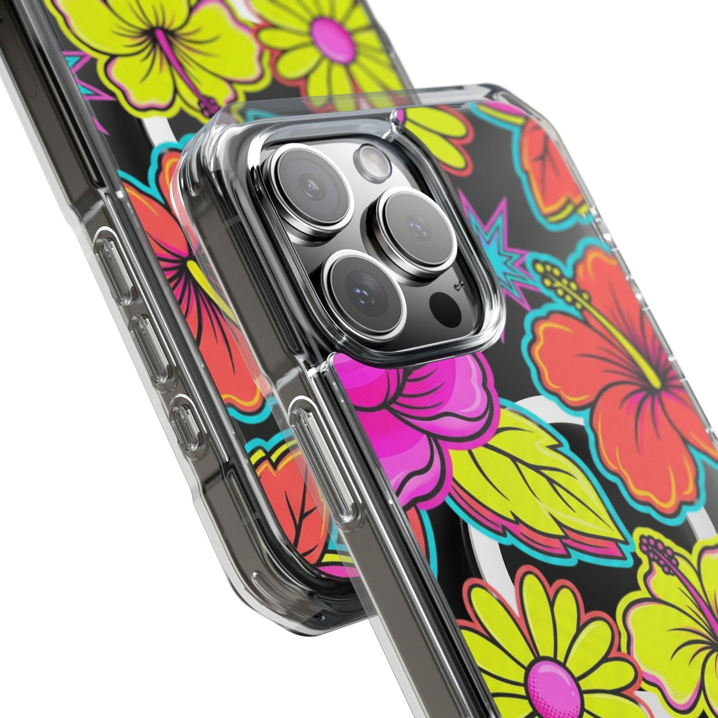 Clear Magnetic Phone Case Neon Hawaiian Floral – wireless charging pad compatibility demonstration