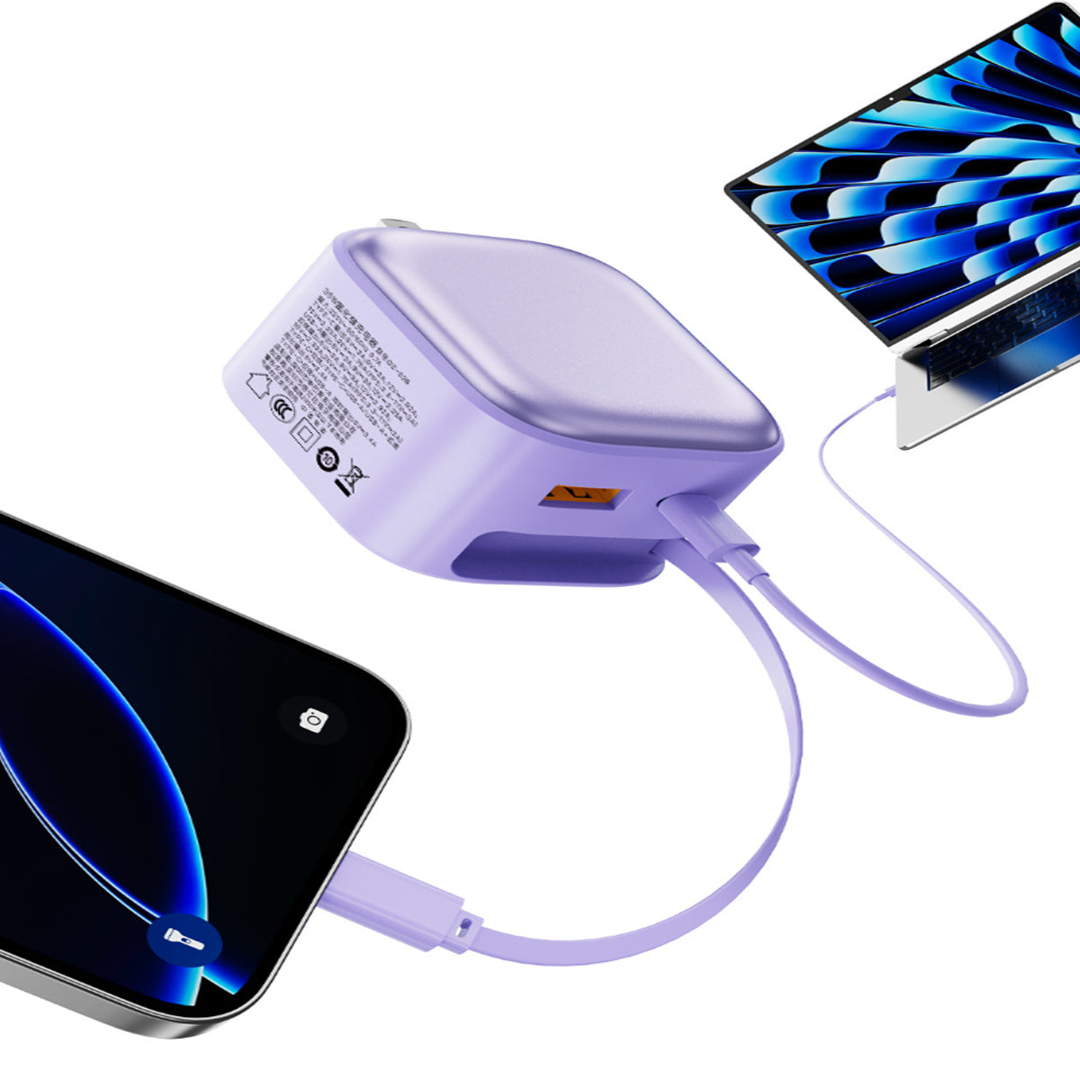 POWER LOOP Ultra-Fast 35W Retractable Wall Charger with retractable USB-C cable and dual charging ports plugged into 2 devices