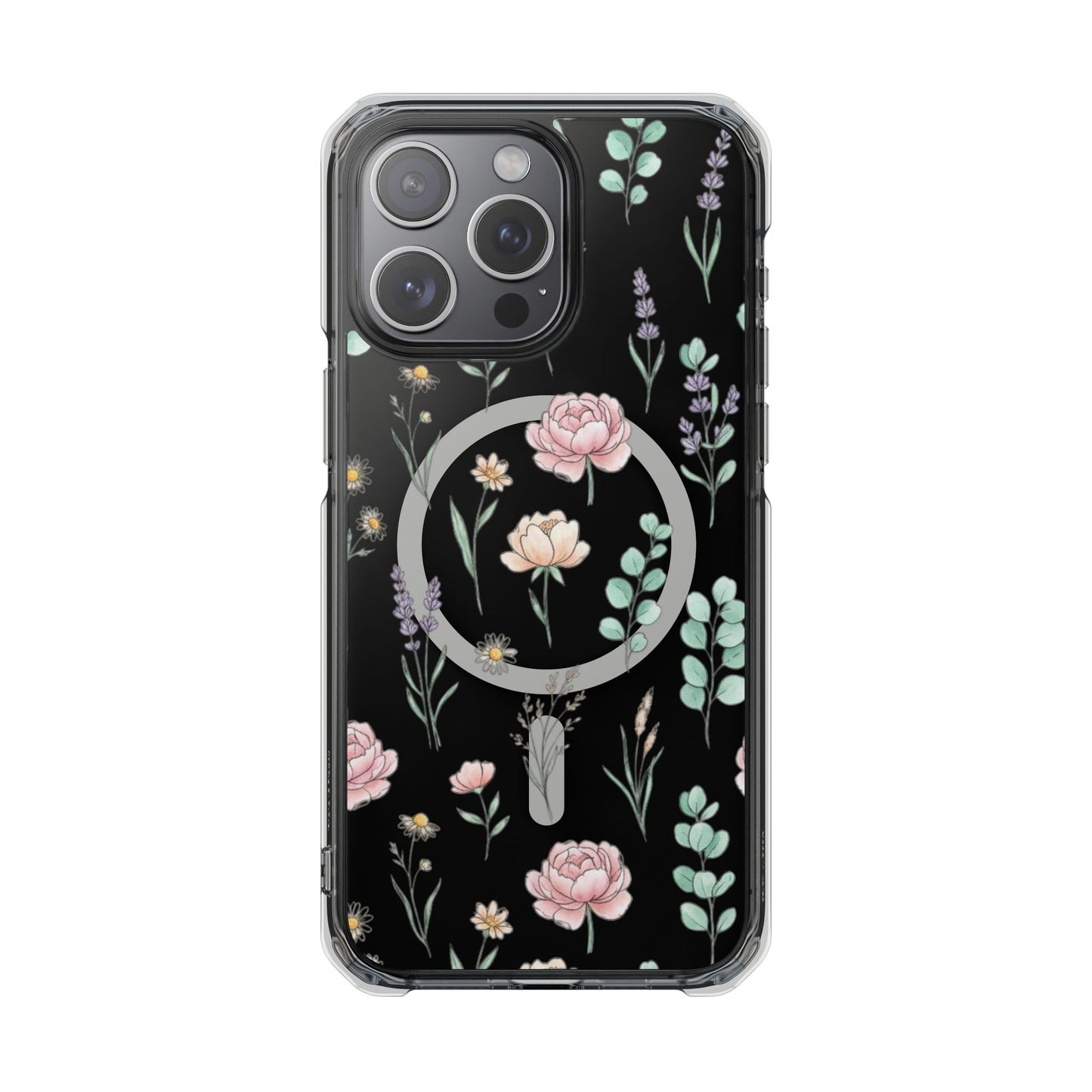 Floral Clear Magnetic Phone Case Pink Rose – iPhone 16 Pro MagSafe magnetic ring visible on rear