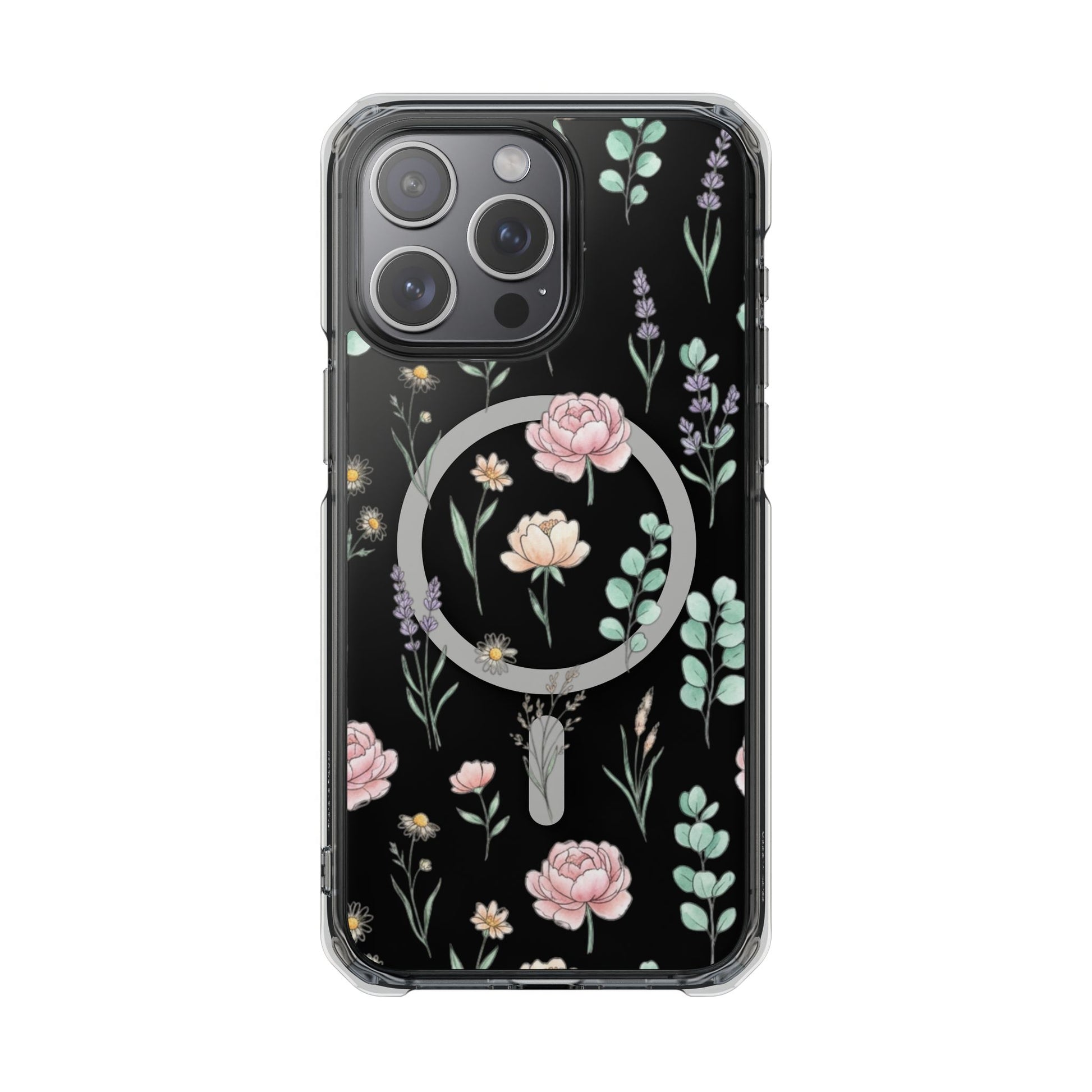 Floral Clear Magnetic Phone Case Pink Rose – iPhone 16 Pro MagSafe magnetic ring visible on rear