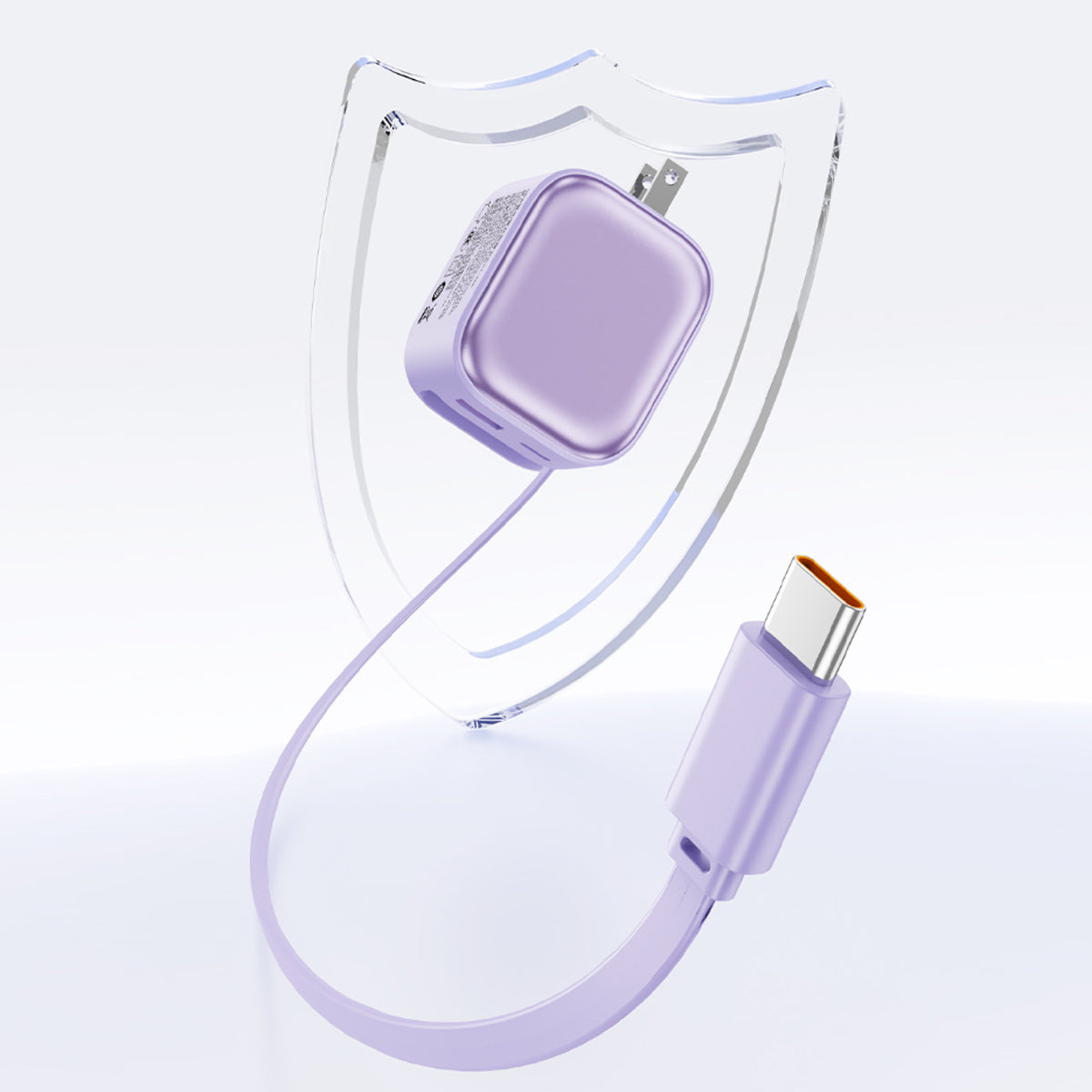 Purple USB-C cable with clear connector on a white background