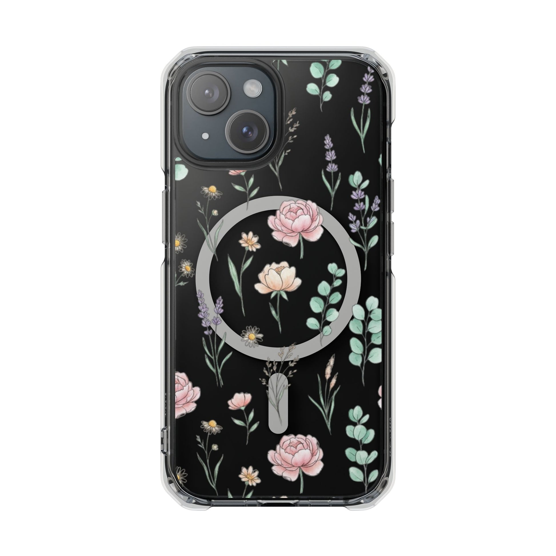 Floral Clear Magnetic Phone Case Pink Rose Pattern – iPhone 17 front view MagSafe compatible