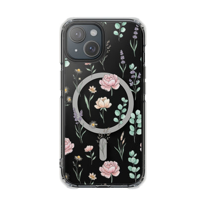 Floral Clear Magnetic Phone Case Pink Rose Pattern – iPhone 17 front view MagSafe compatible