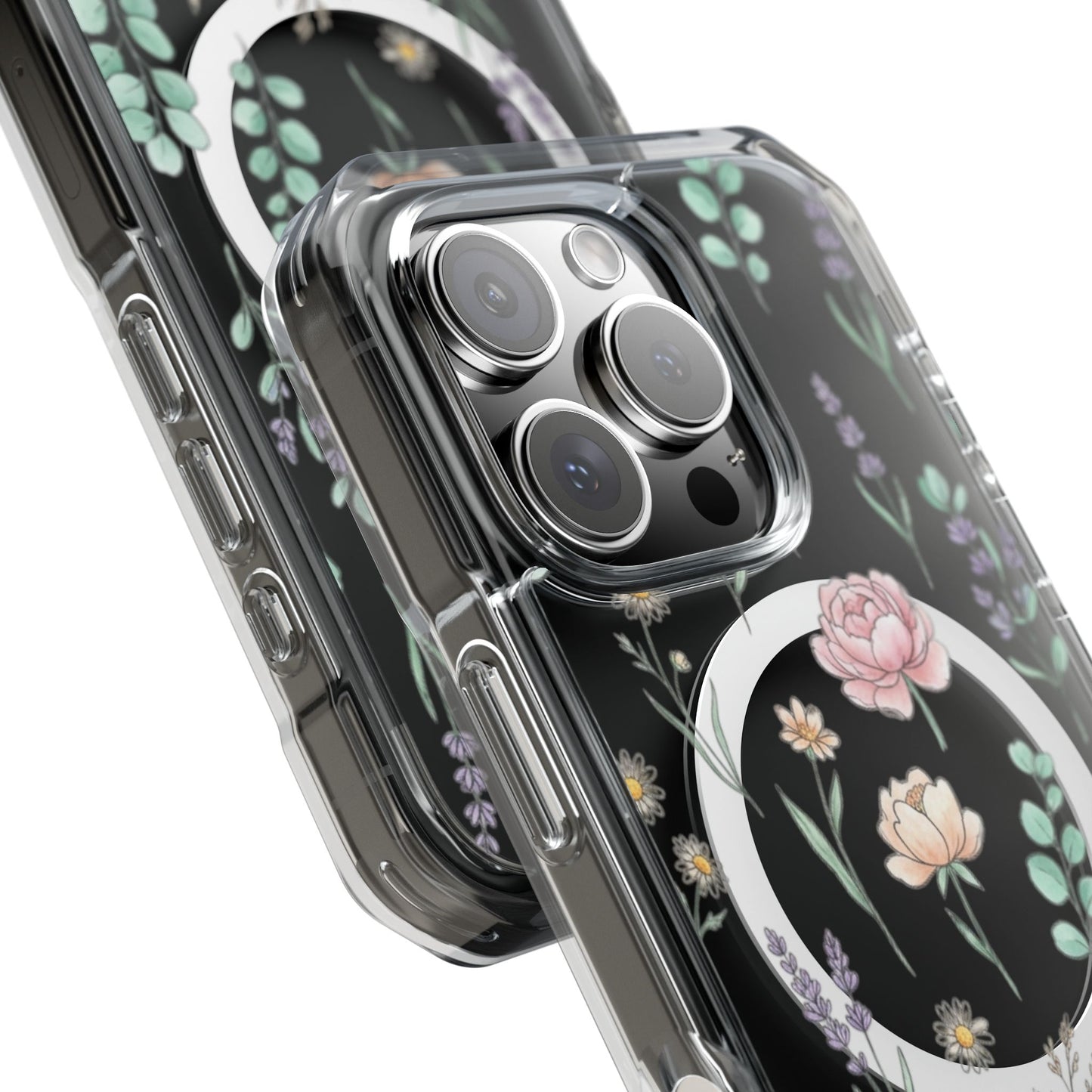 Floral Clear Magnetic Phone Case Pink Rose – iPhone 16 camera cutouts and button access
