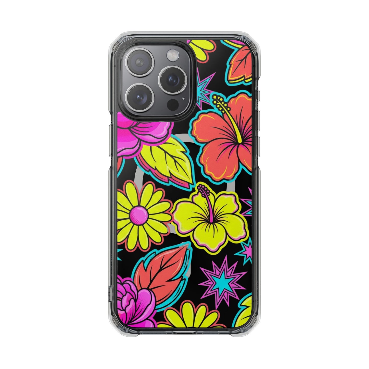 Clear Magnetic Phone Case Neon Hawaiian Floral – iPhone 16 Pro air-cushioned corner bumper detail