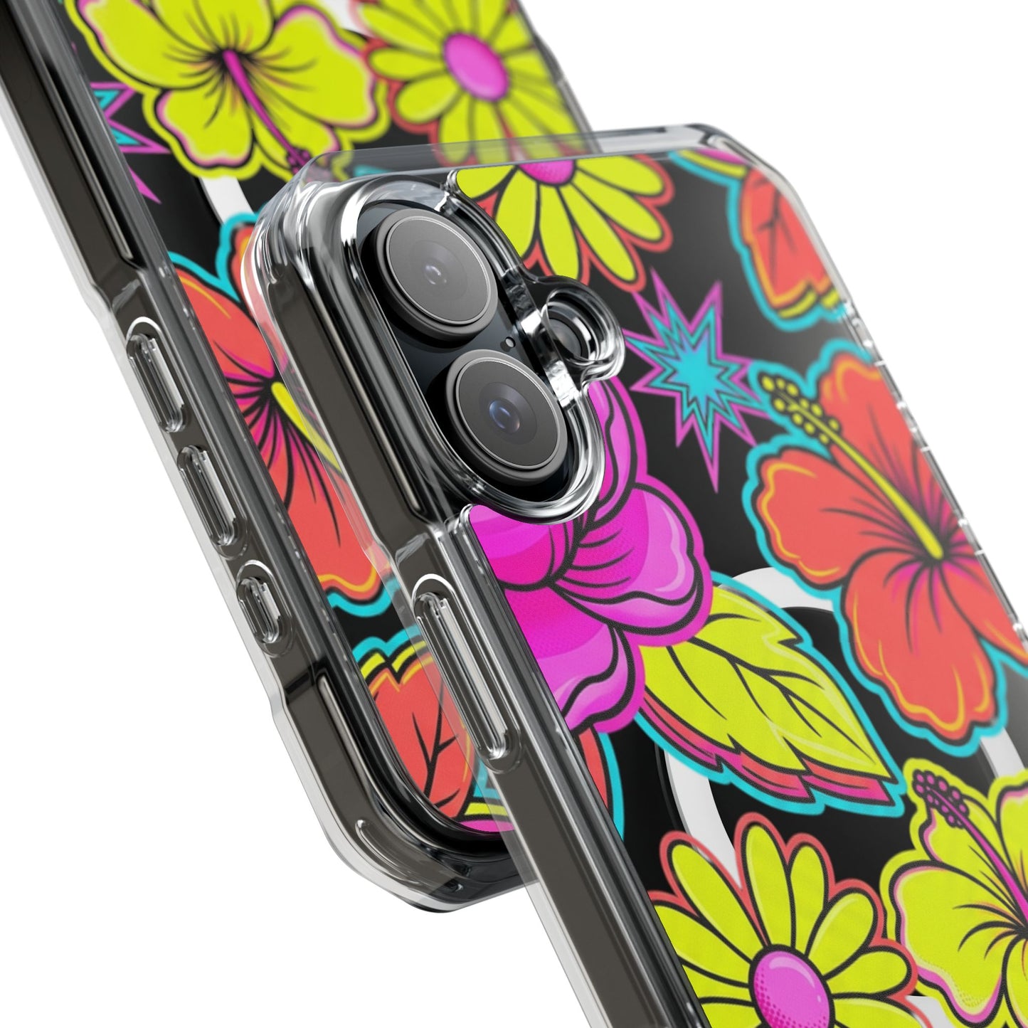 Clear Magnetic Phone Case Neon Hawaiian Floral – iPhone 15 Pro Max full case wrap view