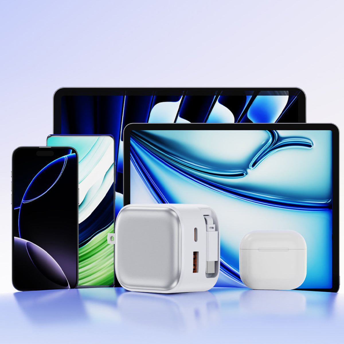Smartphone, tablet, and earbuds with charger on a gradient blue background