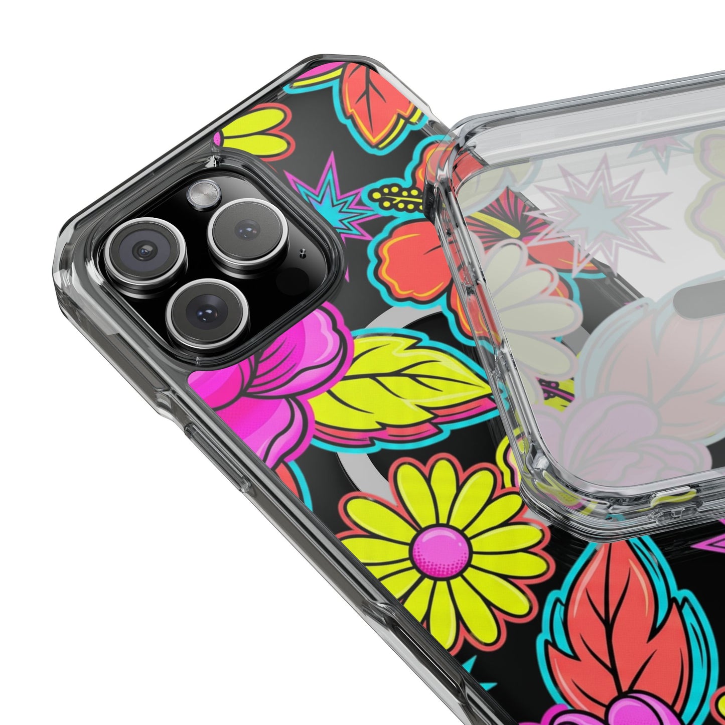 Clear Magnetic Phone Case Neon Hawaiian Floral – summer gift phone case with tropical flowers
