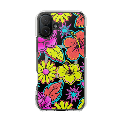 Clear Magnetic Phone Case Neon Hawaiian Floral – accessory hole for strap or charm attachment