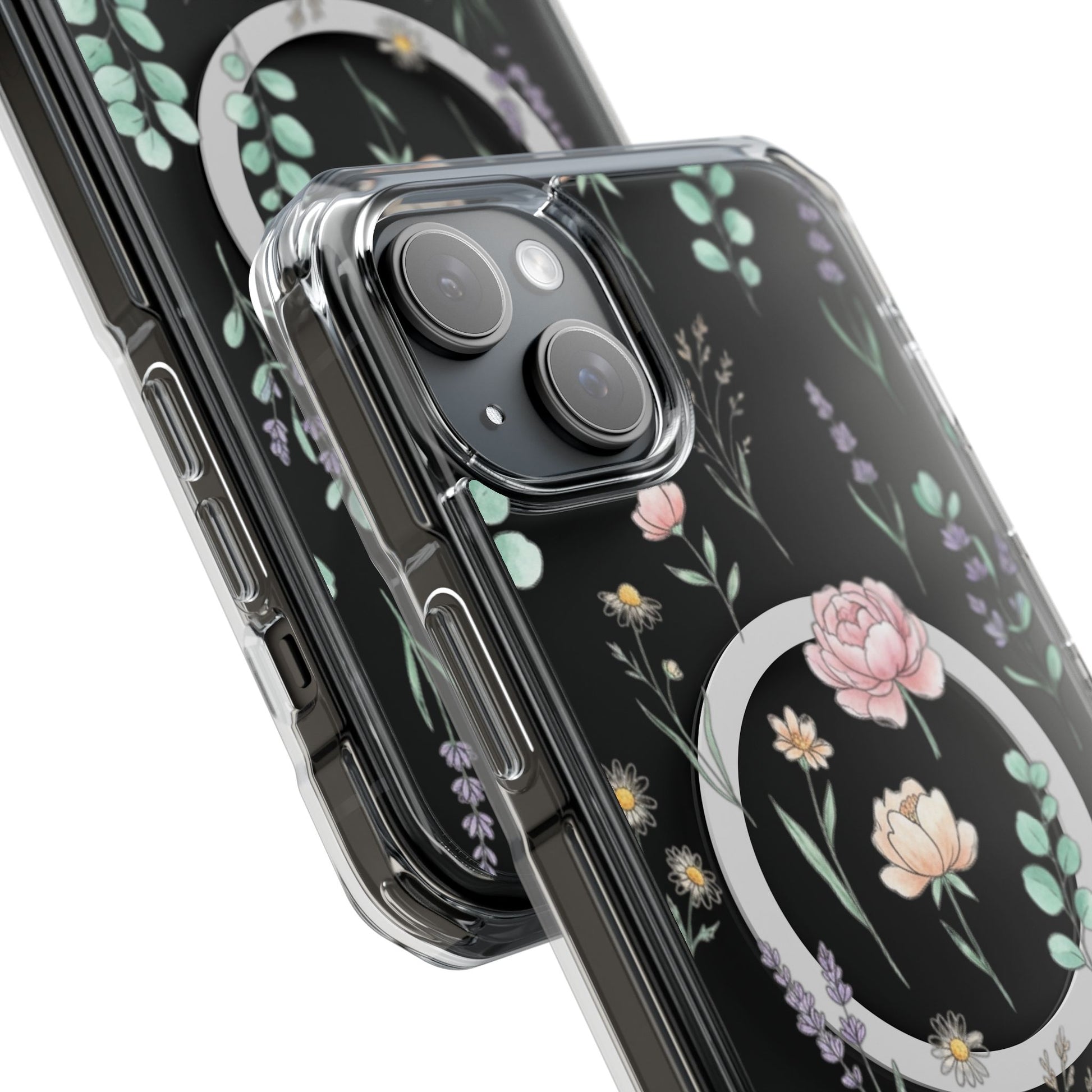 Floral Clear Magnetic Phone Case Pink Rose – iPhone 16 with case on wirelessly charging