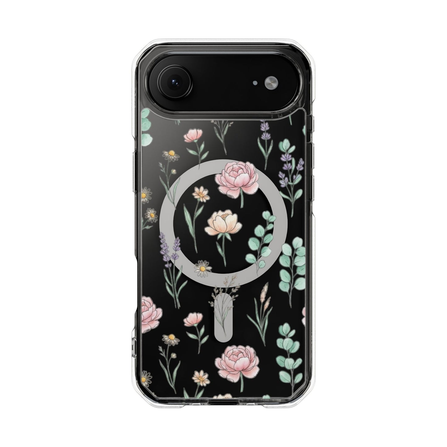 Floral Clear Magnetic Phone Case Pink Rose – MagSafe charger snapping to embedded magnet ring