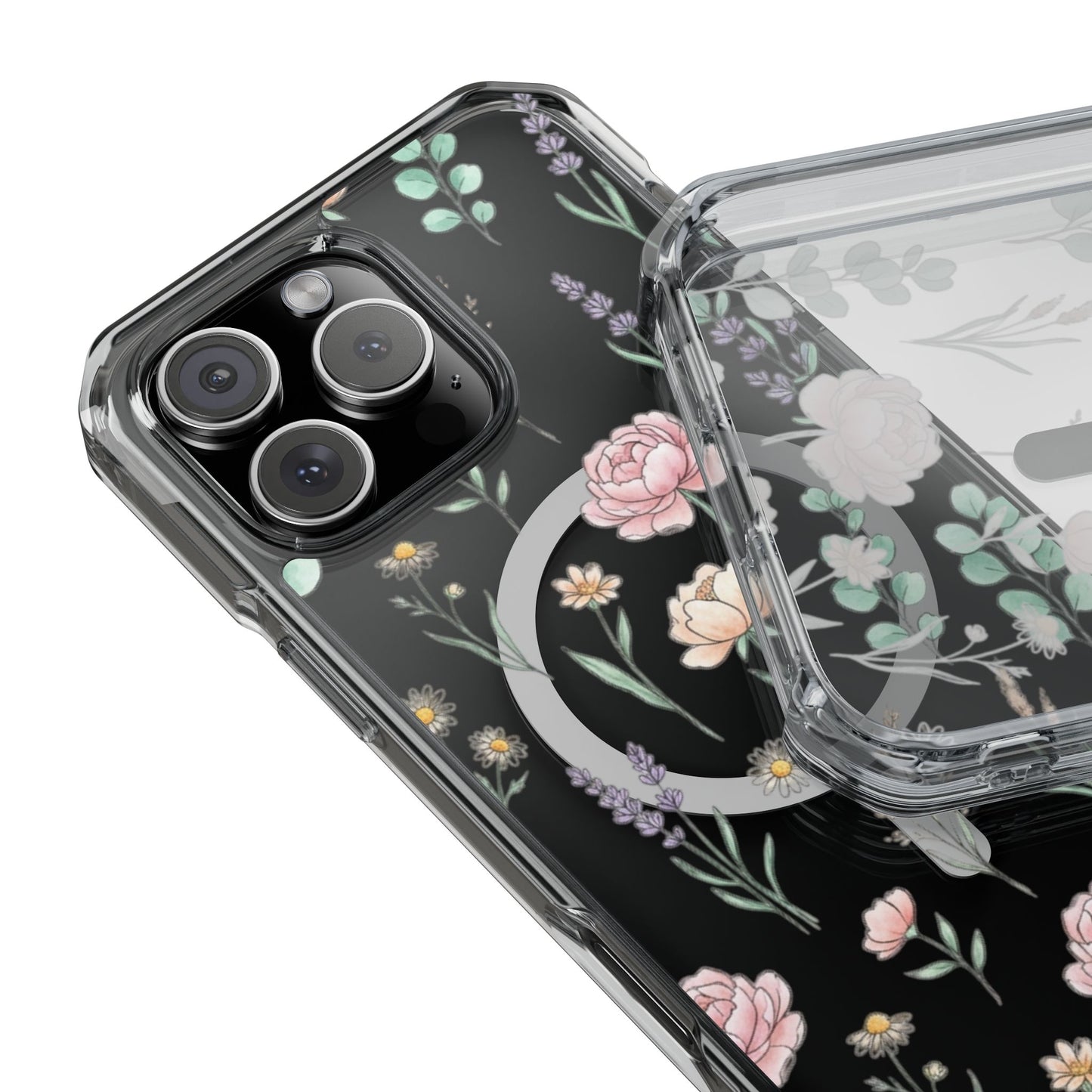 Floral Clear Magnetic Phone Case Pink Rose – iPhone 17 Pro side profile case-on view