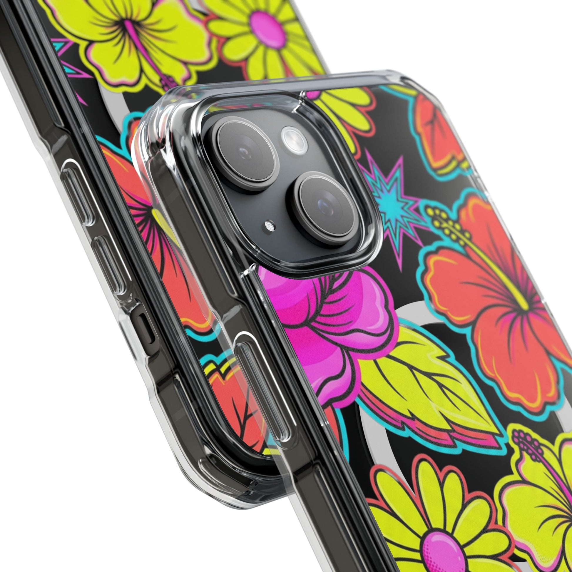 Clear Magnetic Phone Case Neon Hawaiian Floral – transparent back letting original phone color show