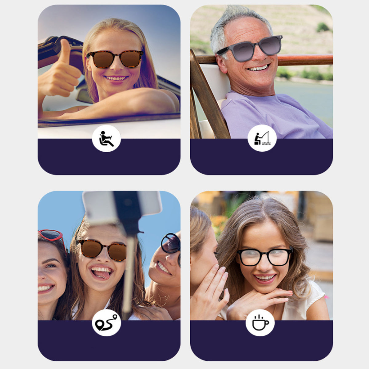 Four people wearing sunglasses with icons and text below on a white background