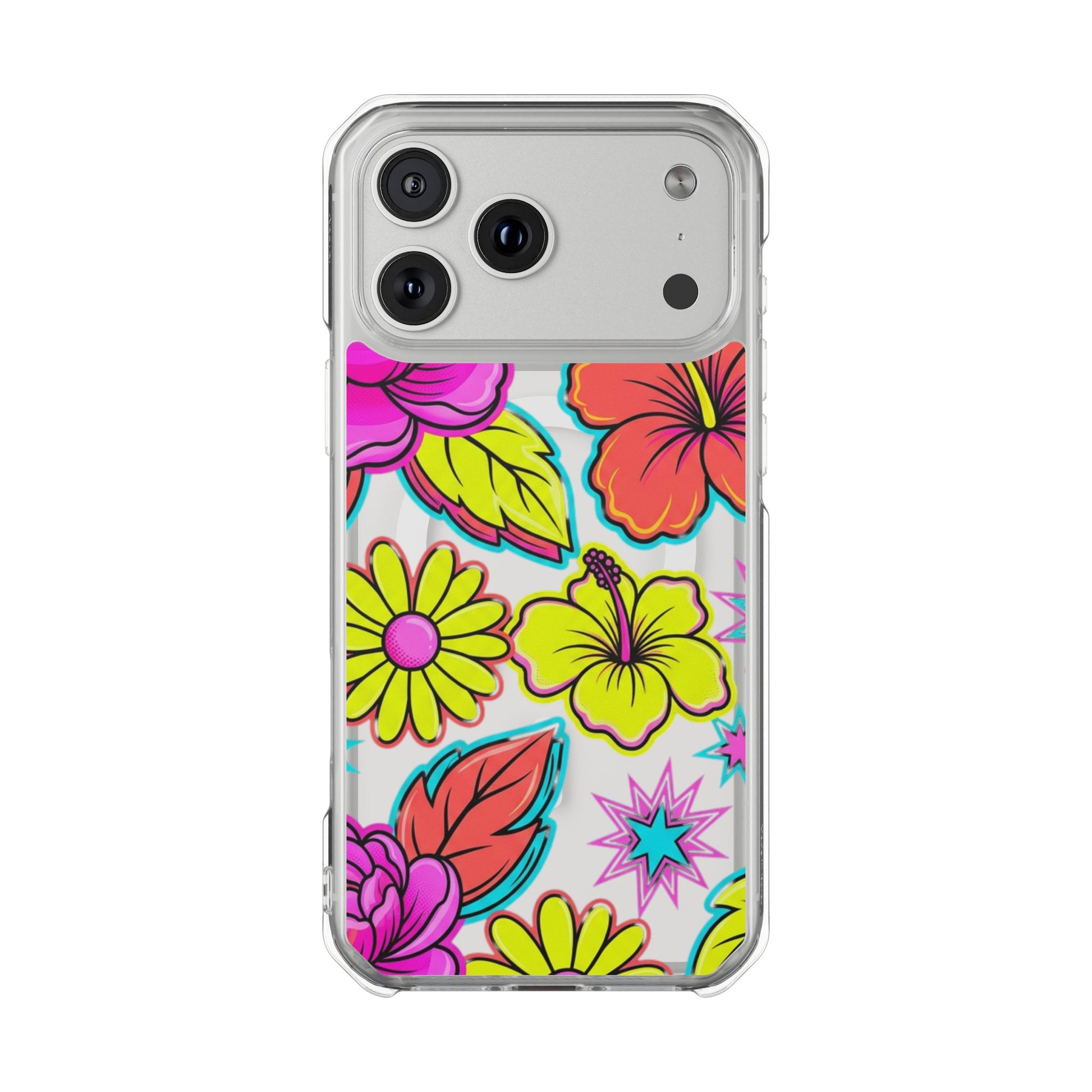 Clear Magnetic Phone Case Neon Hawaiian Floral – iPhone 15 Plus with neon floral design visible