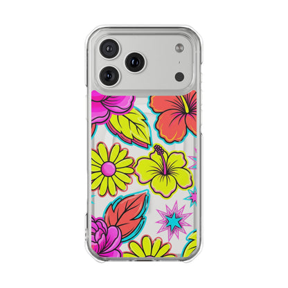 Clear Magnetic Phone Case Neon Hawaiian Floral – iPhone 15 Plus with neon floral design visible
