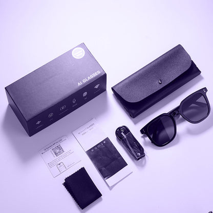 VocaLens AI Smart Sunglasses with photochromic lenses Set of sunglasses with accessories including a box, case, cleaning cloth, and user manual on a light purple background.