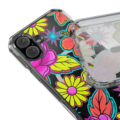 Clear Magnetic Phone Case Neon Hawaiian Floral – MagSafe impact case product packaging view