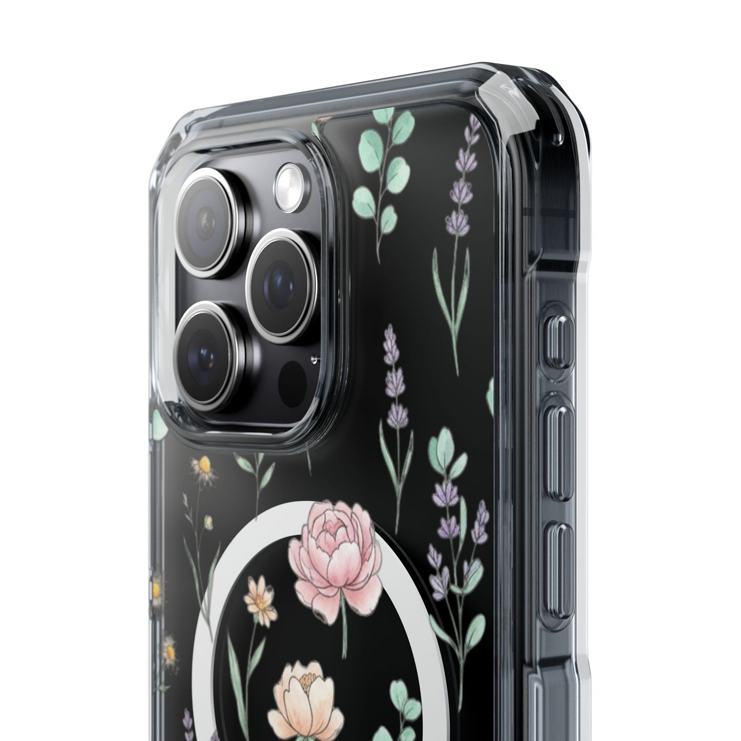 Floral Clear Magnetic Phone Case Pink Rose – pink floral transparent case on desk flat lay
