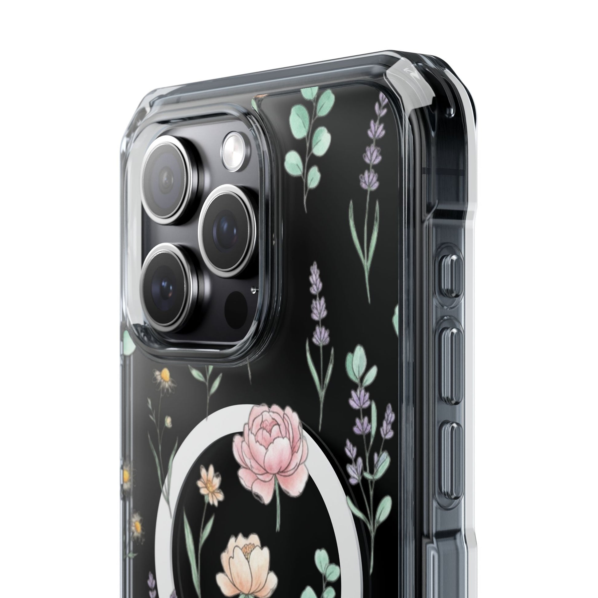Floral Clear Magnetic Phone Case Pink Rose – pink floral transparent case on desk flat lay