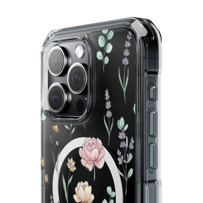 Floral Clear Magnetic Phone Case Pink Rose – pink floral transparent case on desk flat lay