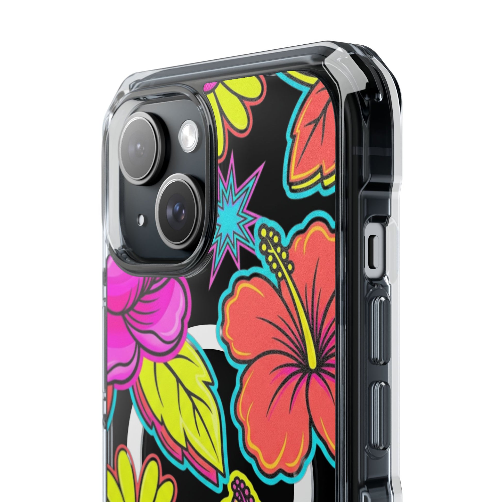 Clear Magnetic Phone Case Neon Hawaiian Floral – dual polycarbonate and TPU construction detail
