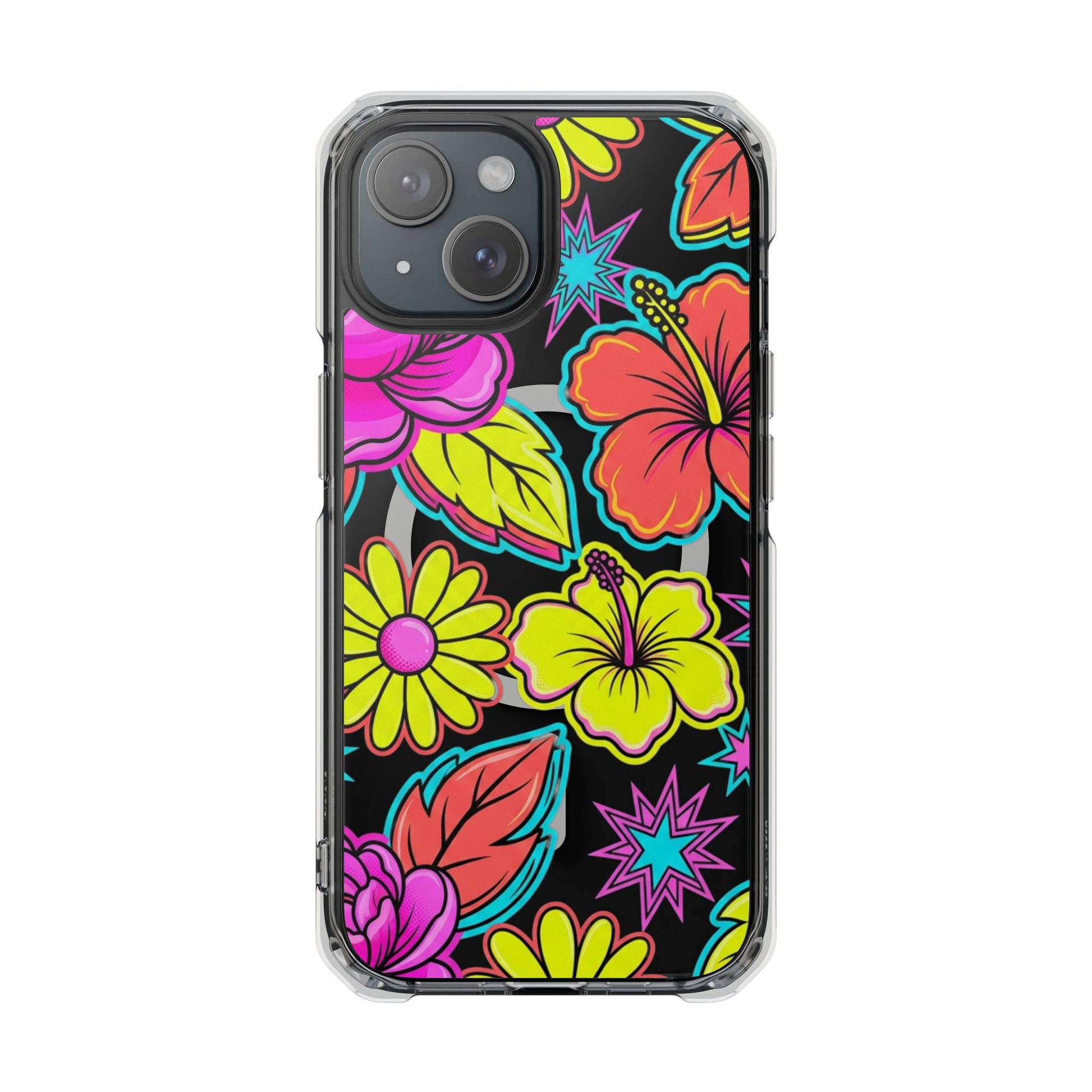 Clear Magnetic Phone Case Neon Hawaiian Floral – iPhone 17 front view showing vibrant tropical print