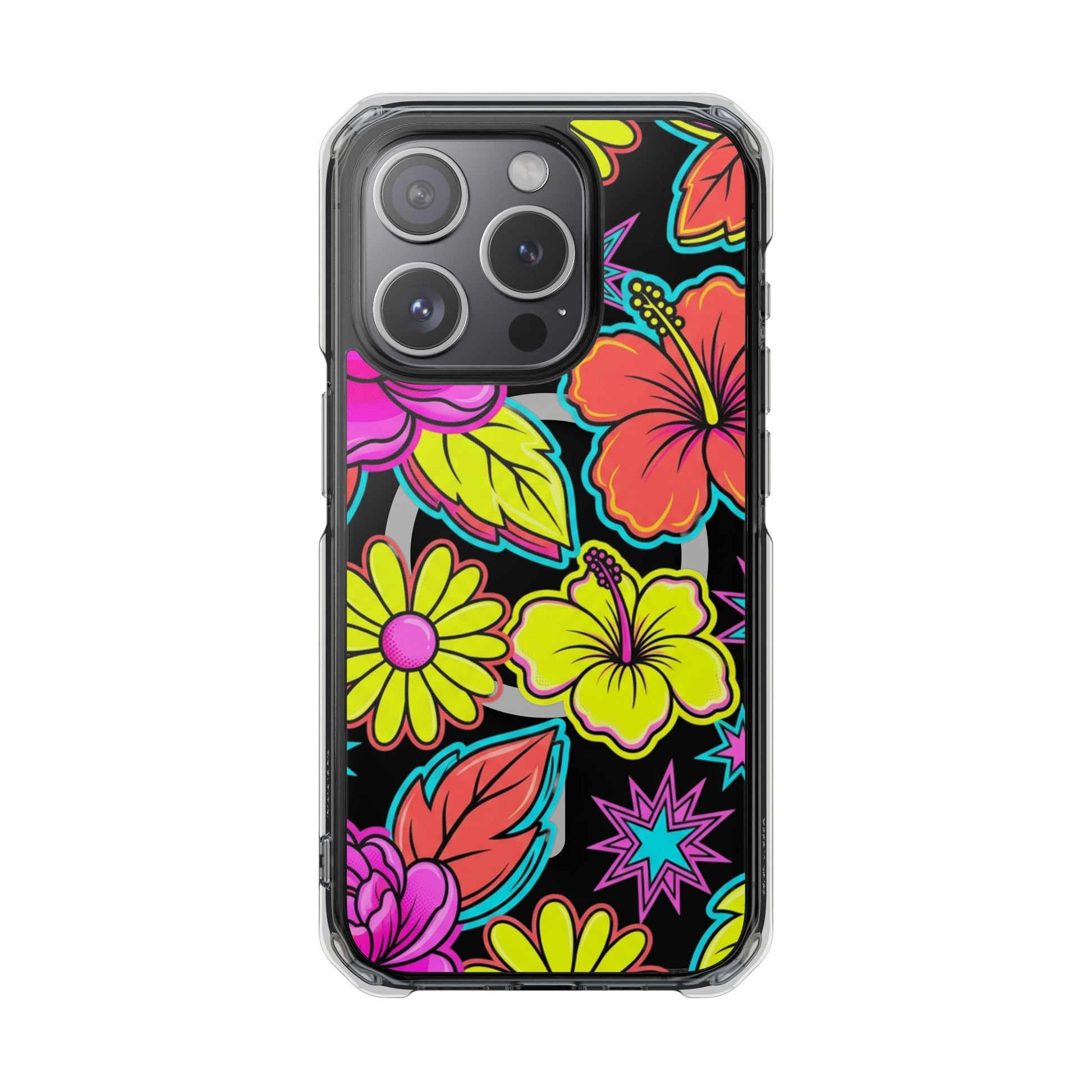 Clear Magnetic Phone Case Neon Hawaiian Floral – iPhone 17 Pro back view with MagSafe magnets
