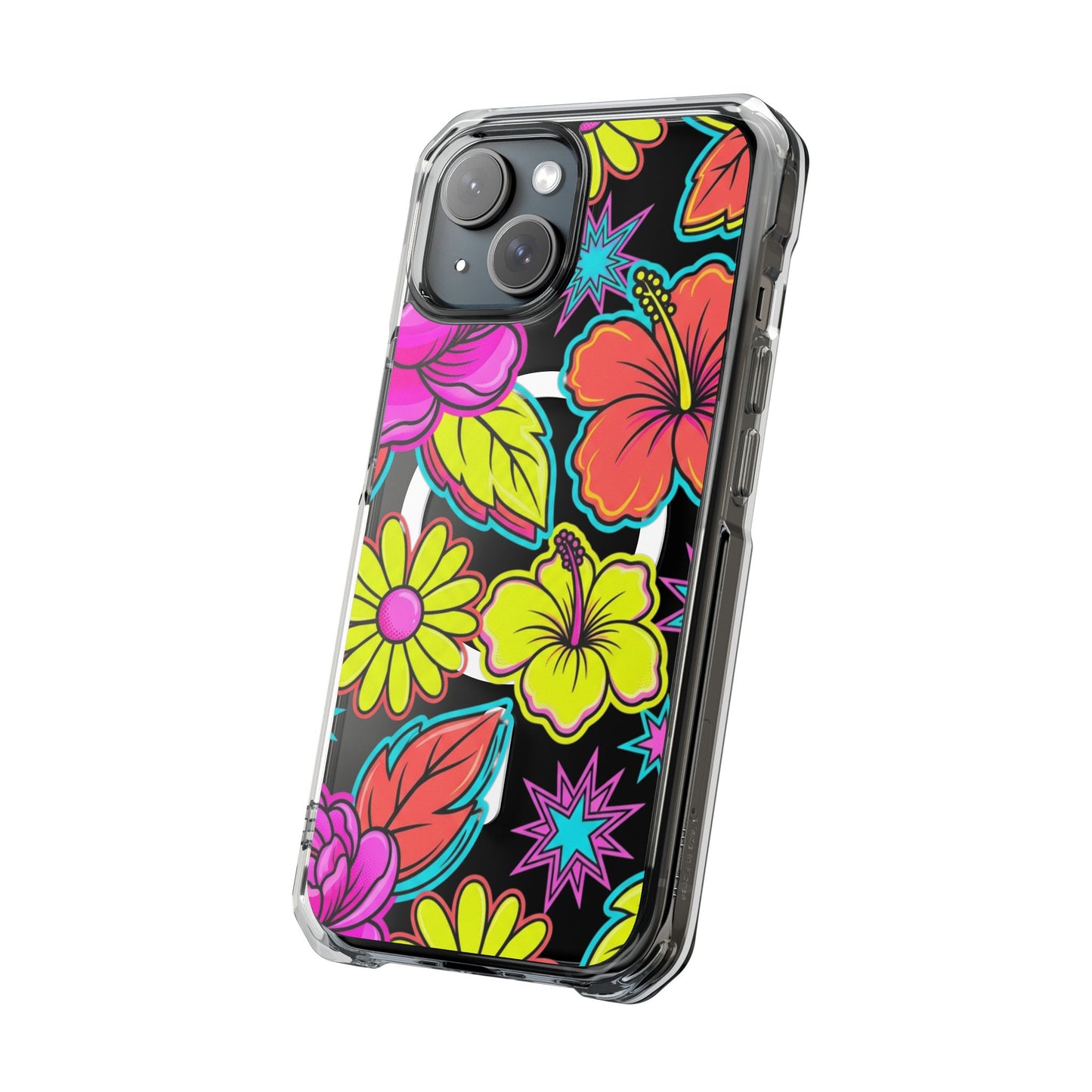 Clear Magnetic Phone Case Neon Hawaiian Floral – impact protection corner bumpers close-up