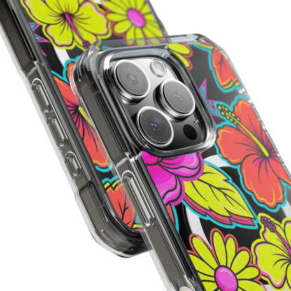 Clear Magnetic Phone Case Neon Hawaiian Floral – neon print through clear back on dark iPhone