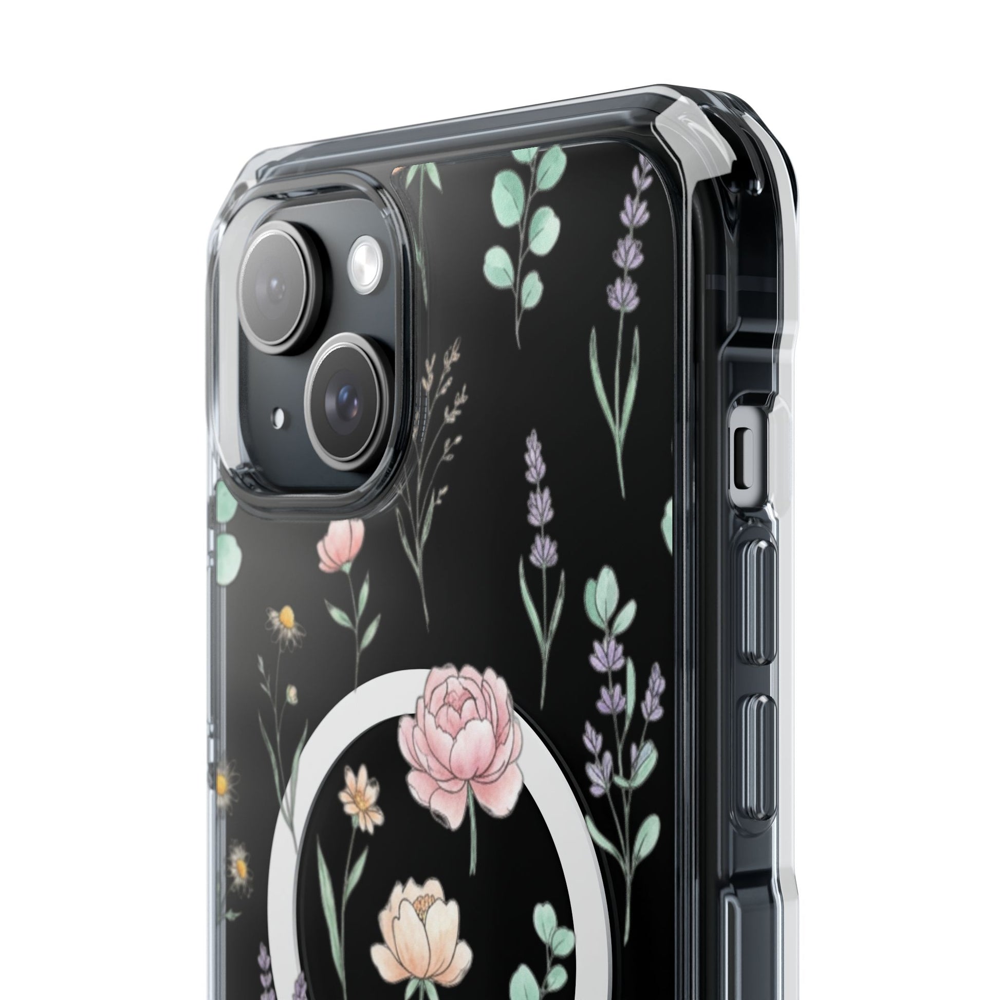 Floral Clear Magnetic Phone Case Pink Rose – iPhone 15 Pro front view slim protective case