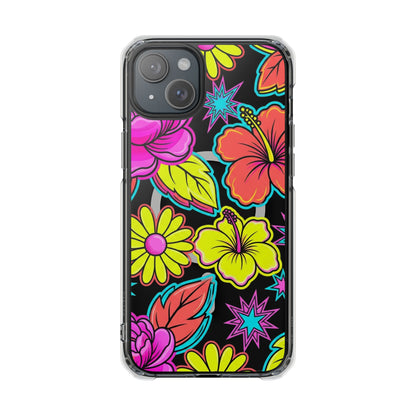 Clear Magnetic Phone Case Neon Hawaiian Floral – iPhone 16 side view showing flexible TPU bumper
