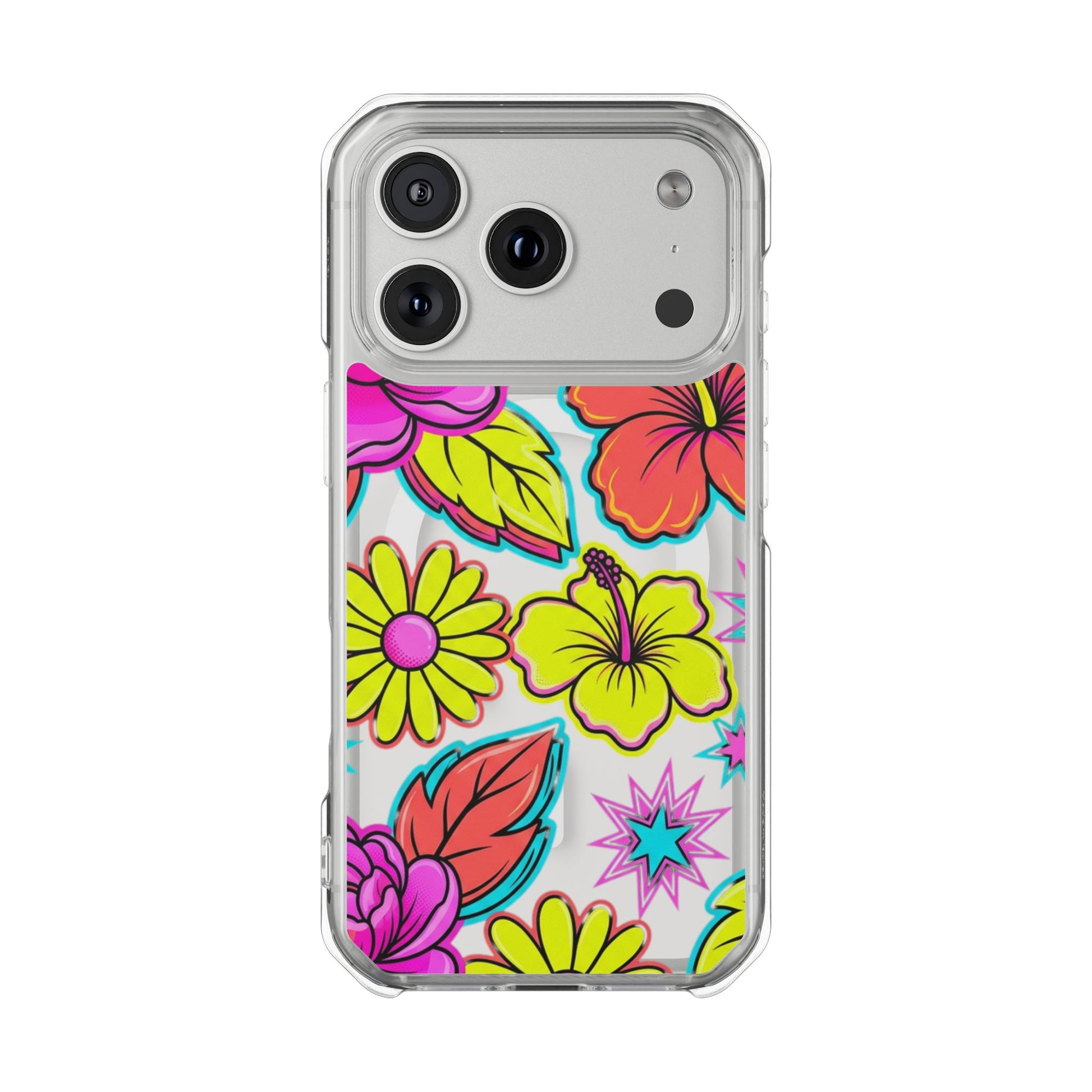 Clear Magnetic Phone Case Neon Hawaiian Floral – iPhone 16 Plus front view