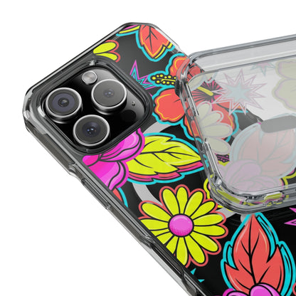 Clear Magnetic Phone Case Neon Hawaiian Floral – iPhone 16 Pro back view case on