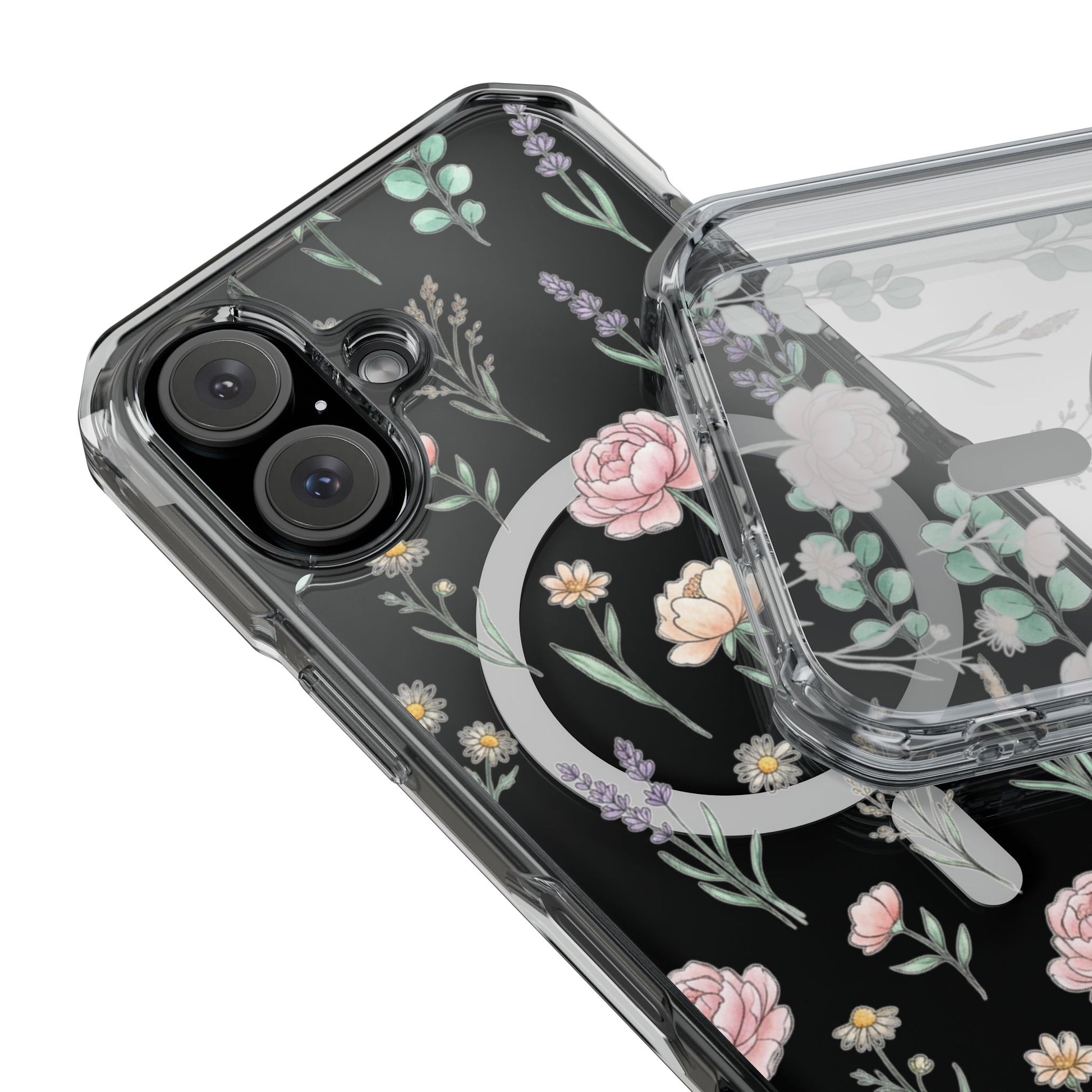 Floral Clear Magnetic Phone Case Pink Rose – iPhone 16 Pro with clear floral case lifestyle