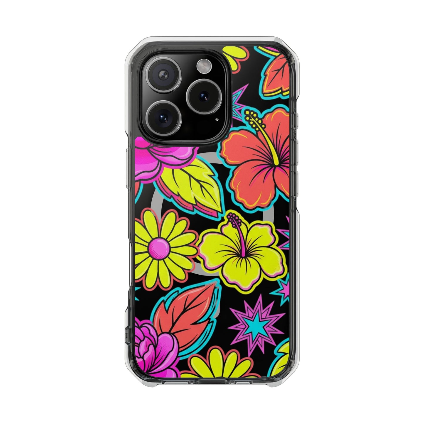 Clear Magnetic Phone Case Neon Hawaiian Floral – iPhone 15 showing MagSafe wireless charging compatibility
