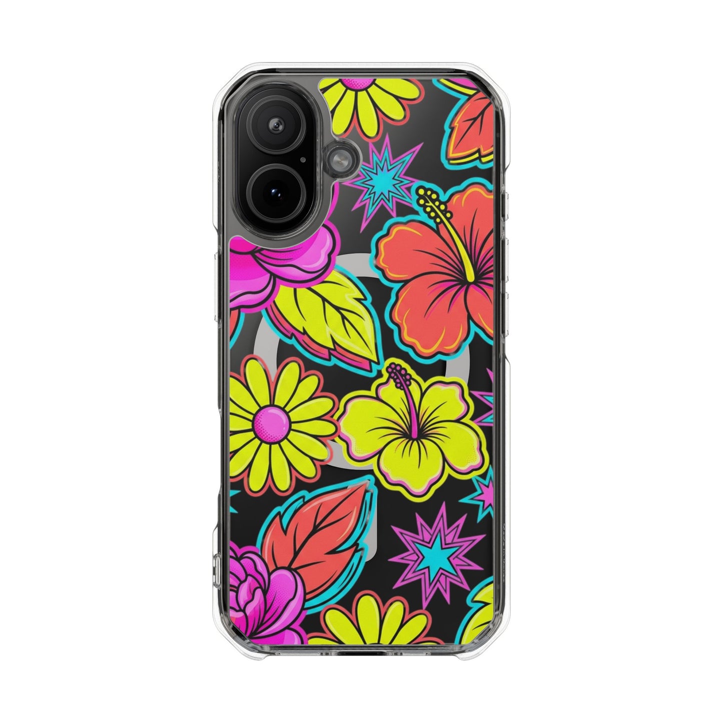 Clear Magnetic Phone Case Neon Hawaiian Floral – polycarbonate back with high-definition tropical print