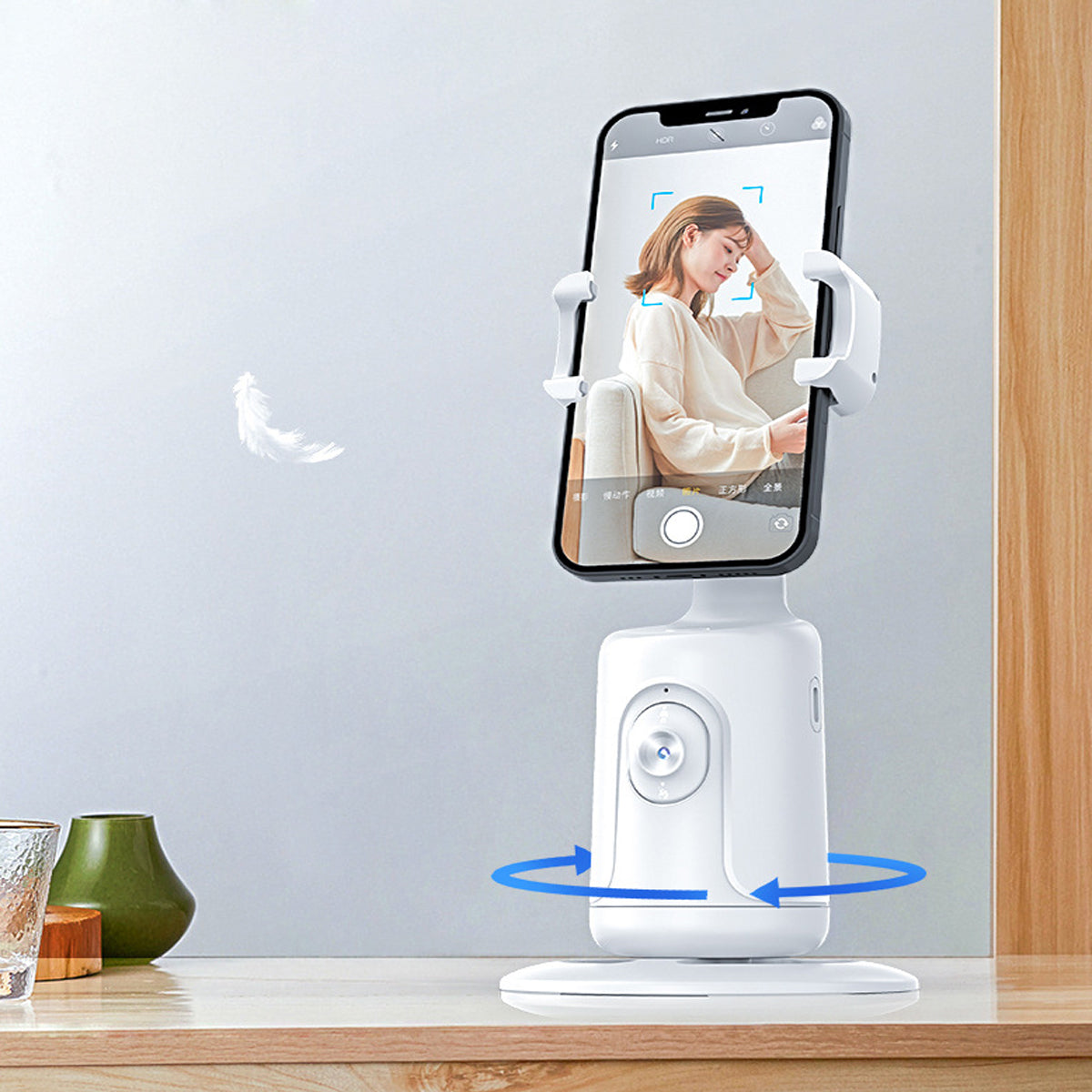 VistaShops Selfie Videographer Auto Motion hands-free smartphone tracking stand in white rotation