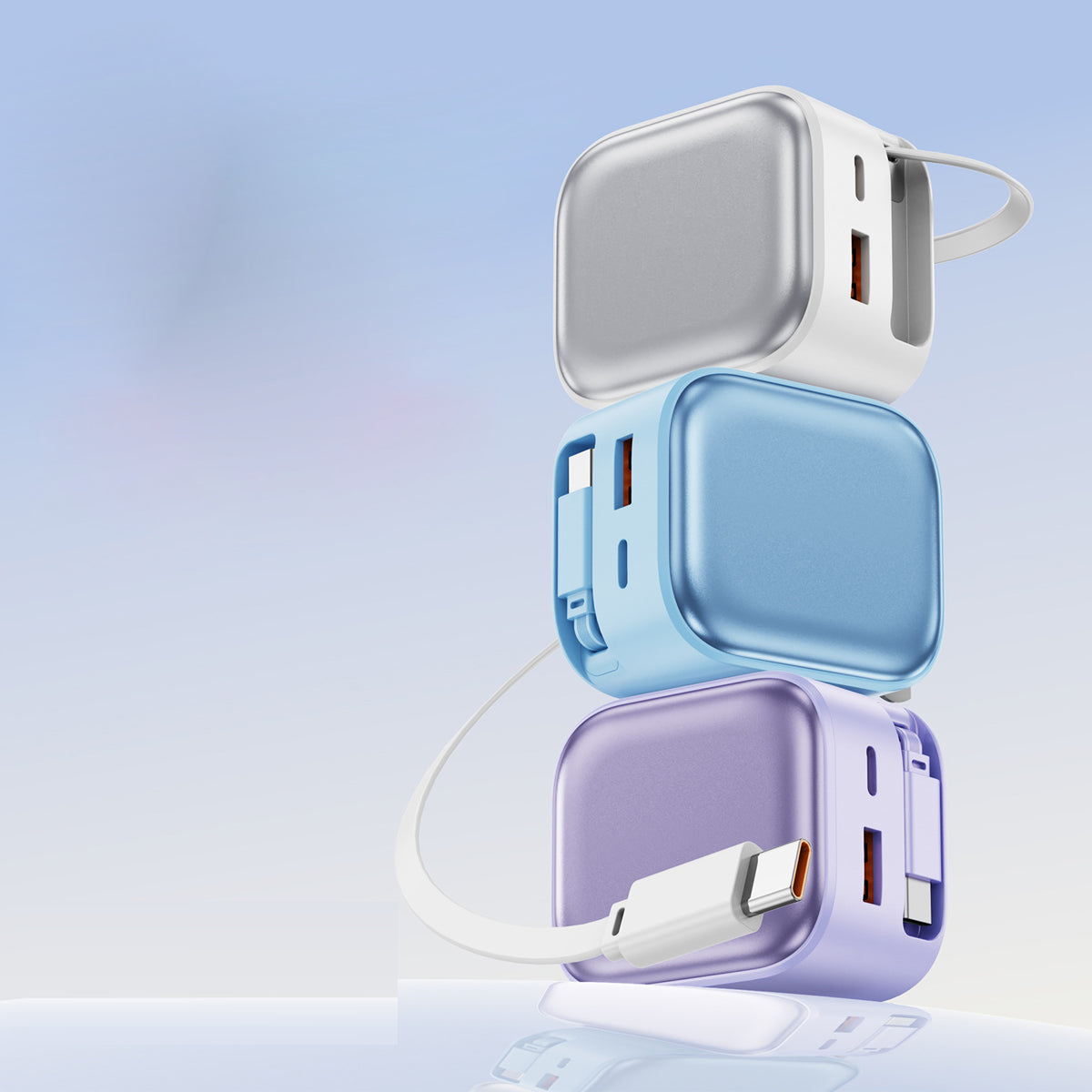 POWER LOOP Ultra-Fast 35W Retractable Wall Charger with retractable USB-C cable and dual charging ports all 3 stacked
