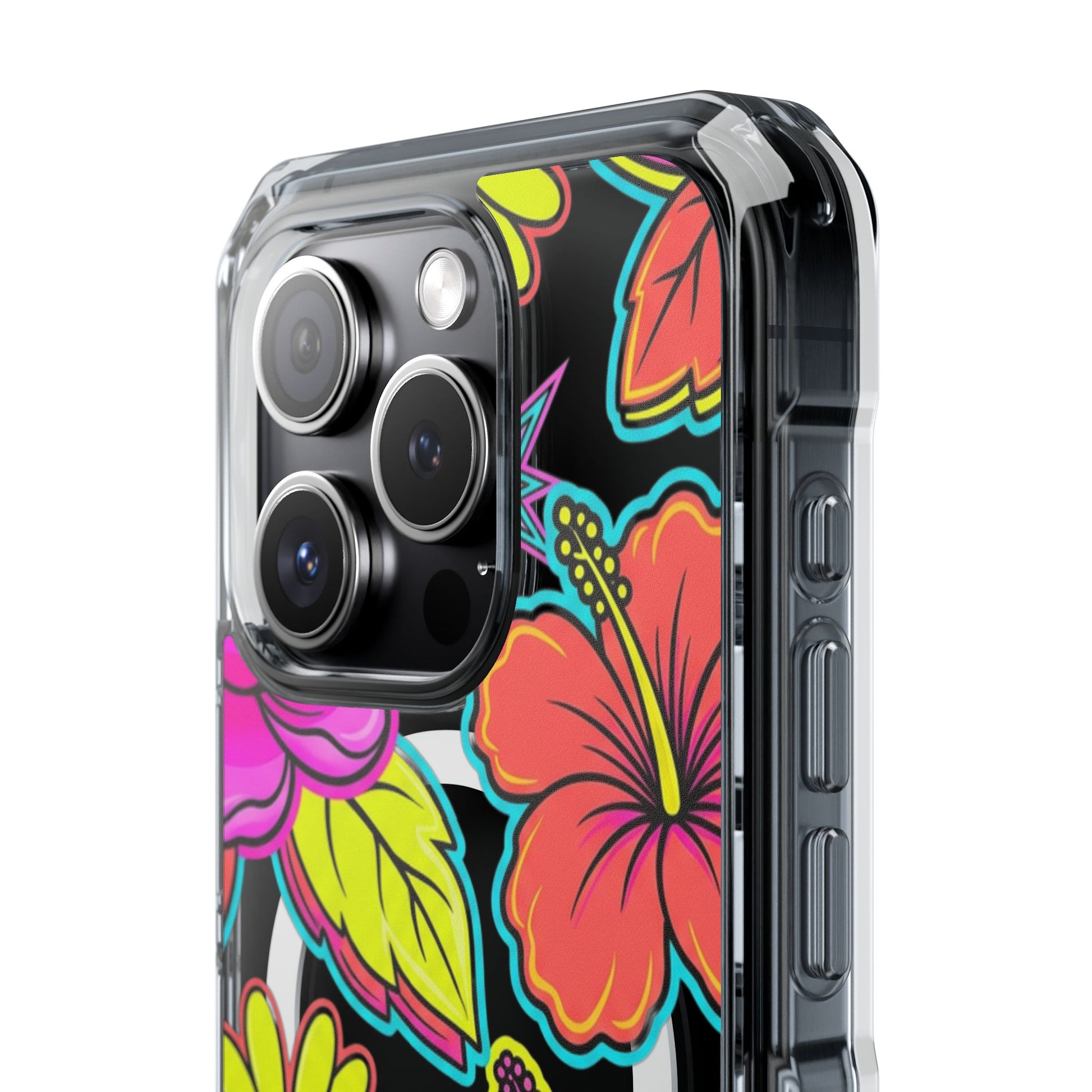 Clear Magnetic Phone Case Neon Hawaiian Floral – iPhone 16 Pro Max lifestyle shot
